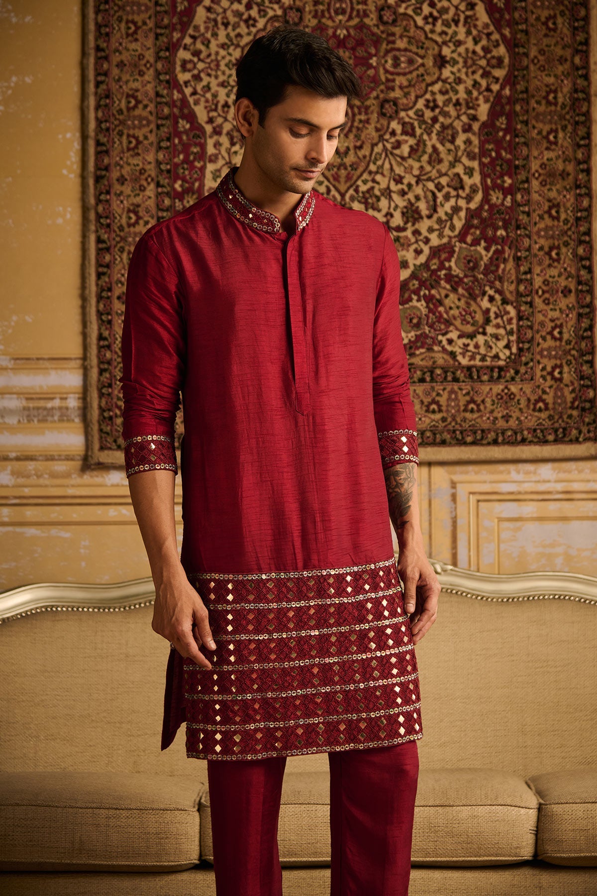 MAROON MIRRIOR EMBROIDERED KURTA WITH MAROON PANTS