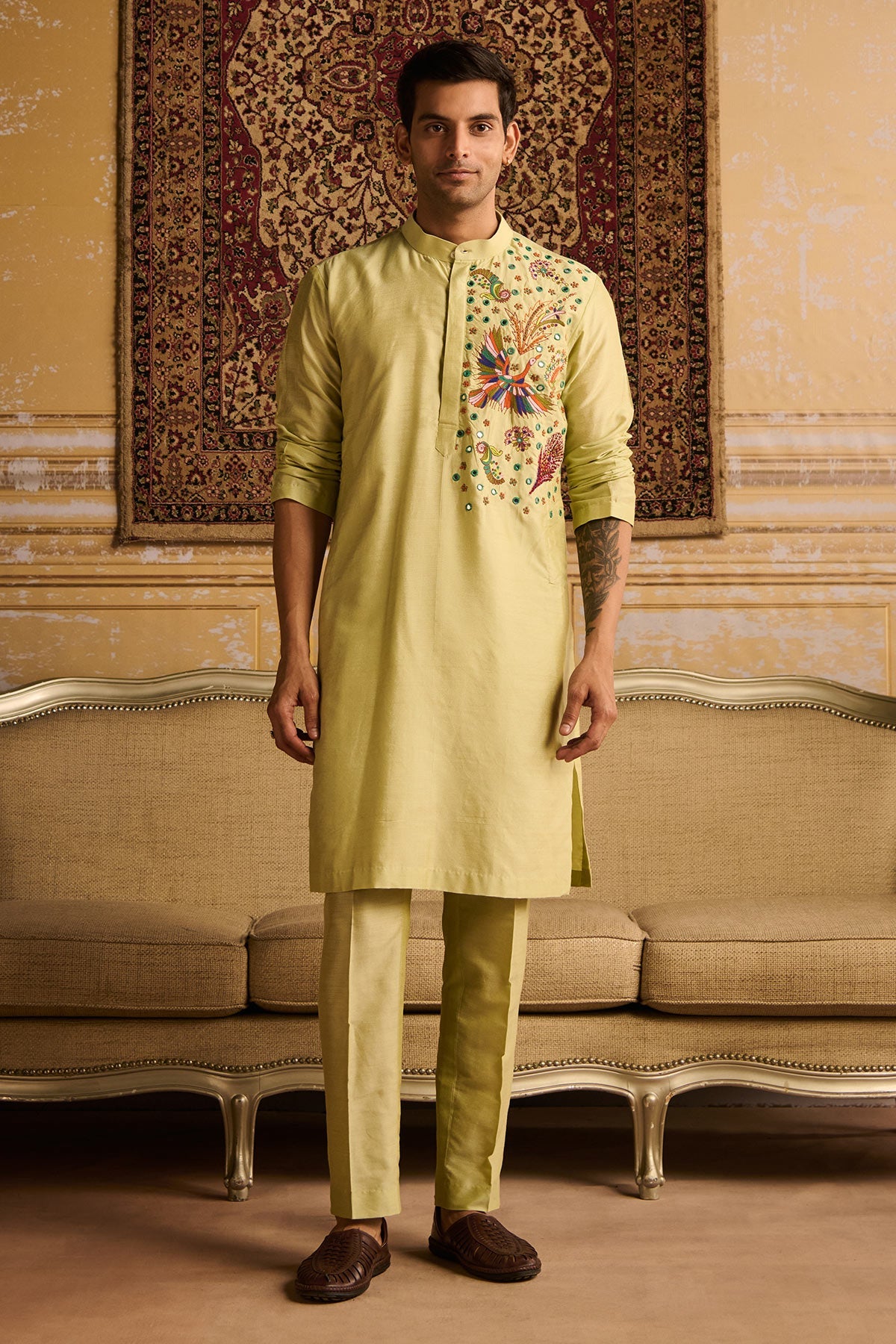 MINT GREEN COSMIC FLORAL EMBROIDERED KURTA WITH MINT GREEN PANTS