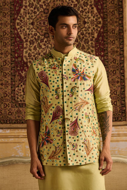 MINT GREEN COSMIC FLORAL EMBROIDERED KURTA, BUNDY WITH MINT GREEN PANTS