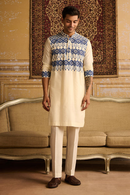 IVORY WITH INDIGO BLUE GEOMETRIC EMBROIDERED KURTA WITH IVORY PANTS