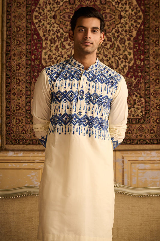 IVORY WITH INDIGO BLUE GEOMETRIC EMBROIDERED KURTA WITH IVORY PANTS