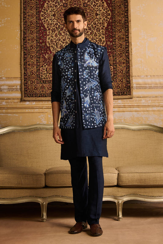 DARK BLUE COSMIC FLORAL EMBROIDERED KURTA, BUNDI WITH DARK BLUE PANTS