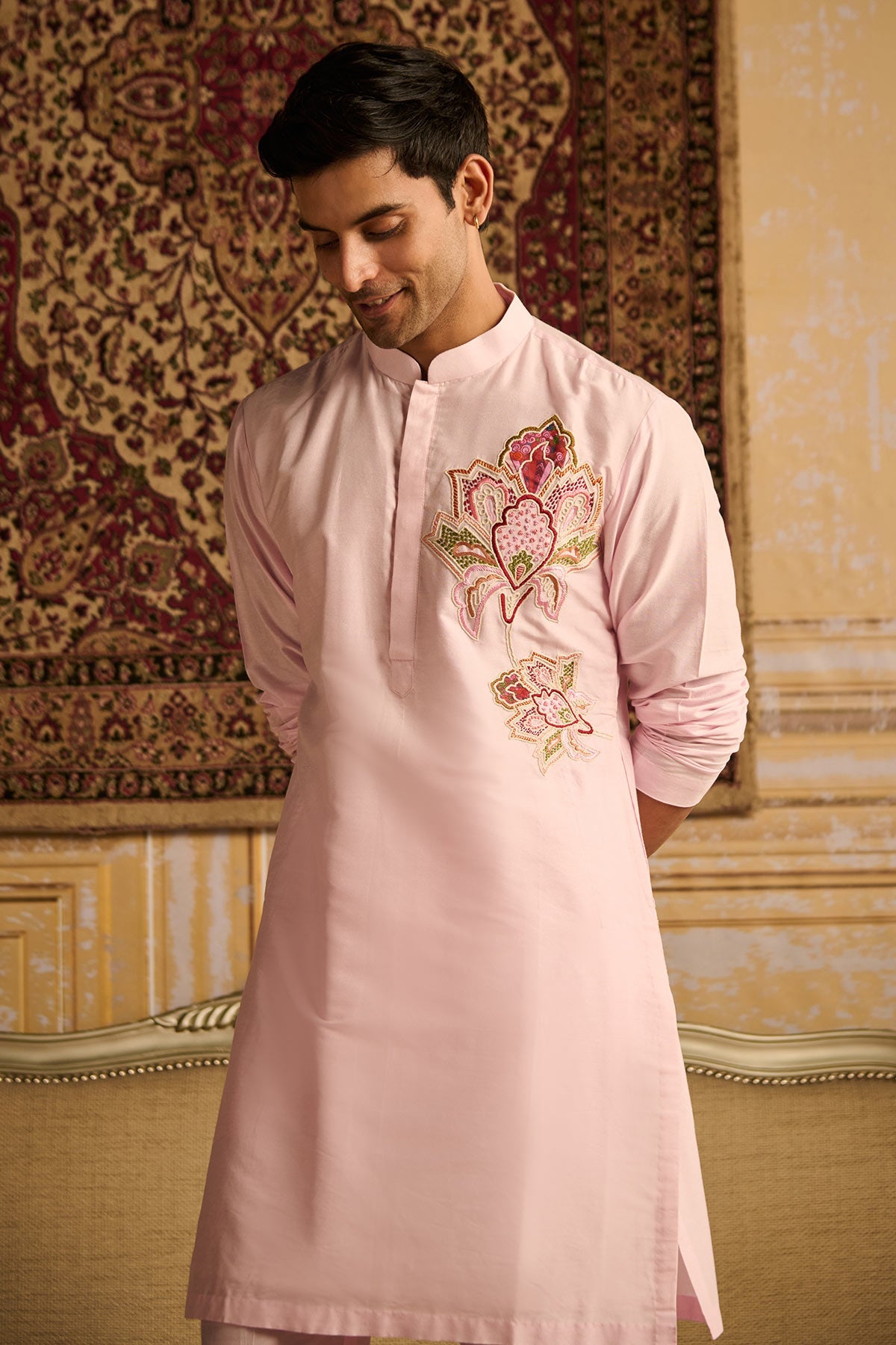 BLUSH PINK BIG FLORAL EMBROIDERED KURTA WITH BLUSH PINK PANTS