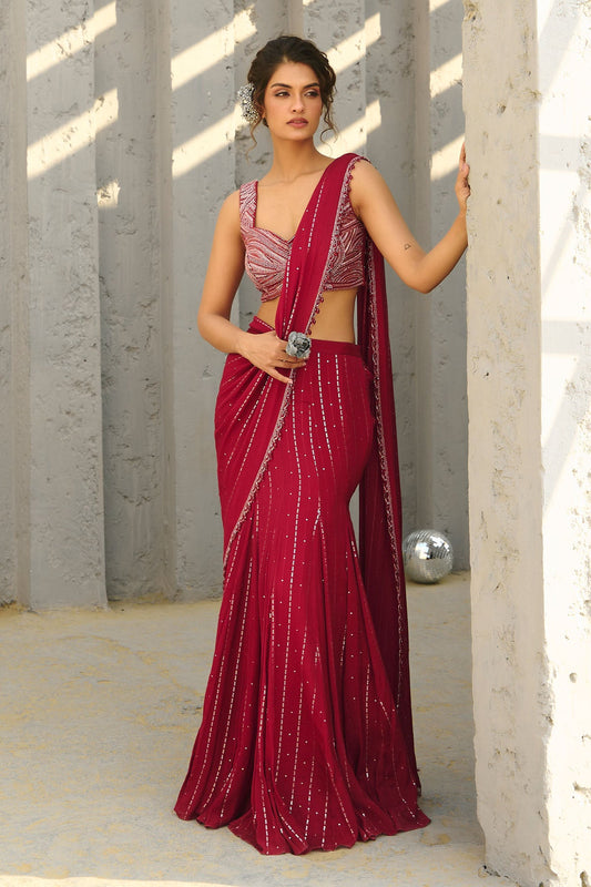 Halley  Red Pre Draped Saree