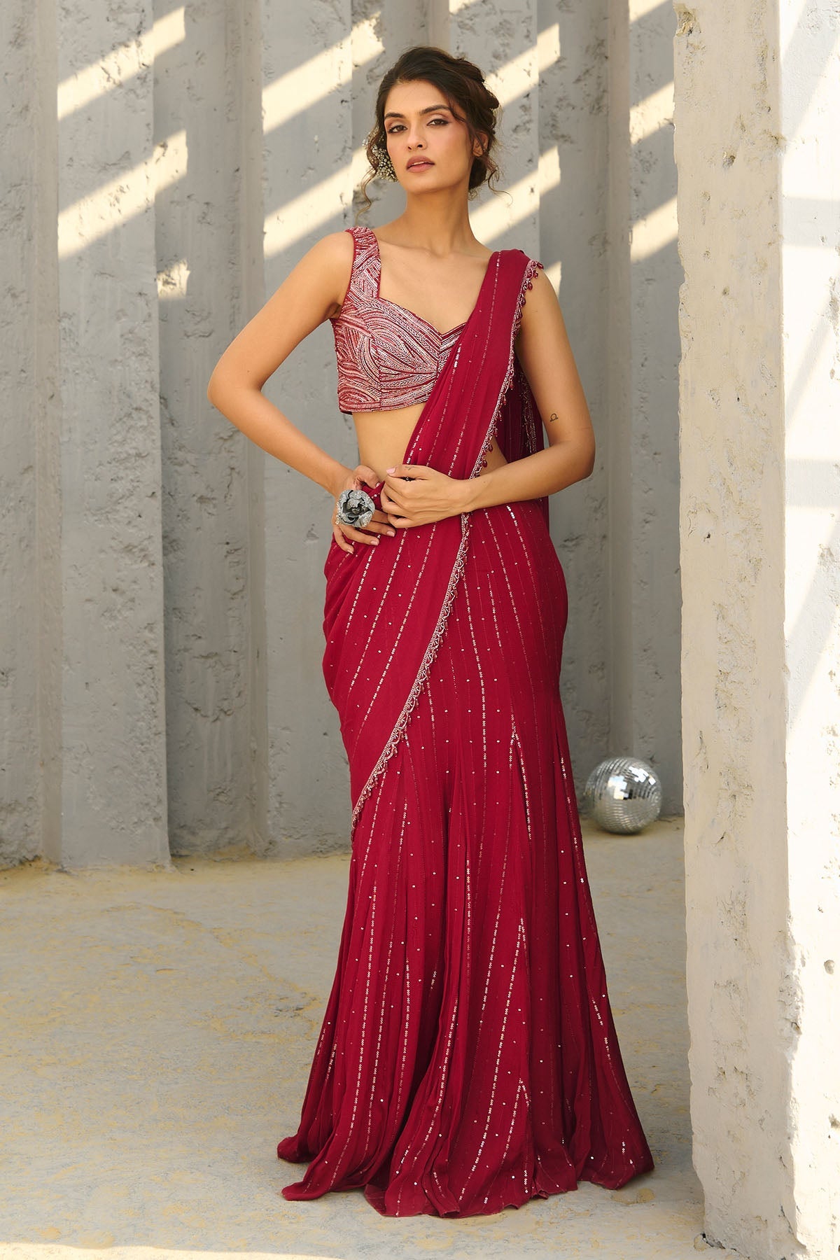 Halley  Red Pre Draped Saree