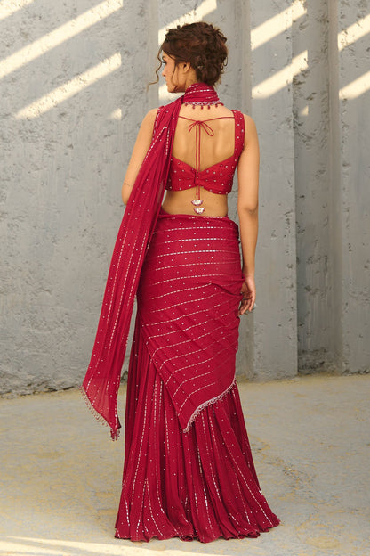 Halley  Red Pre Draped Saree