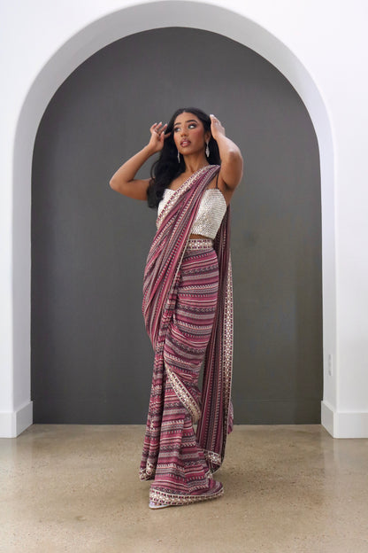 Merlot Boho Striped Cascading Saree