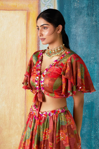 Rust Printed Lehenga Set