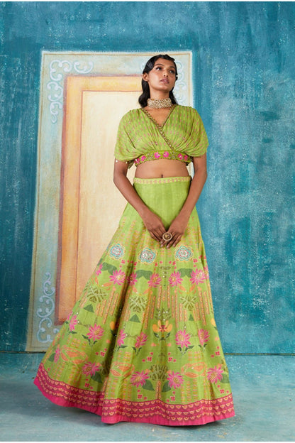 Parrot Green Printed Lehenga Set