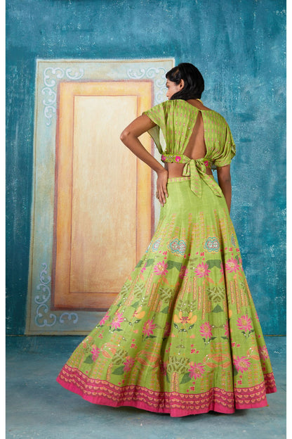 Parrot Green Printed Lehenga Set