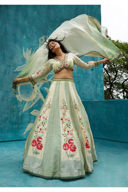 Beige Printed Lehenga Set