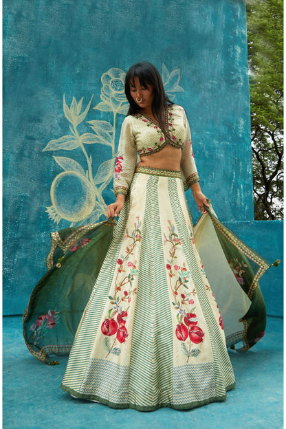 Beige Printed Lehenga Set