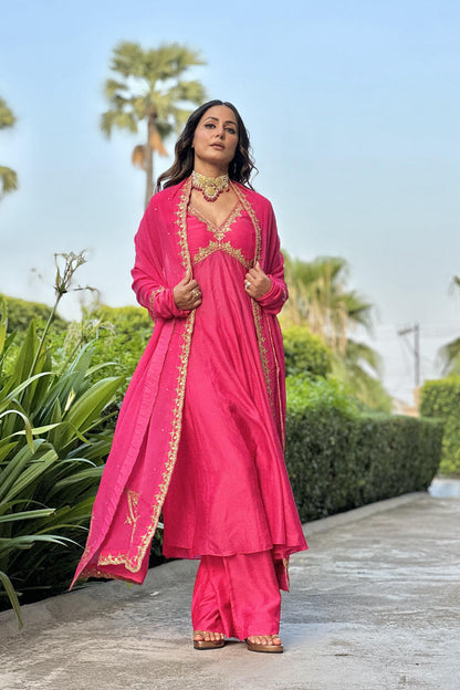 Fuschia Pink V Neck Anarkali Set