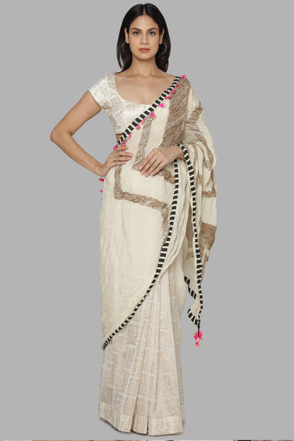 IVORY CRINKLE GOTA PALLA SARI WITH BUNCH OF BIRDS PLEATS AND BLOUSE PIECE