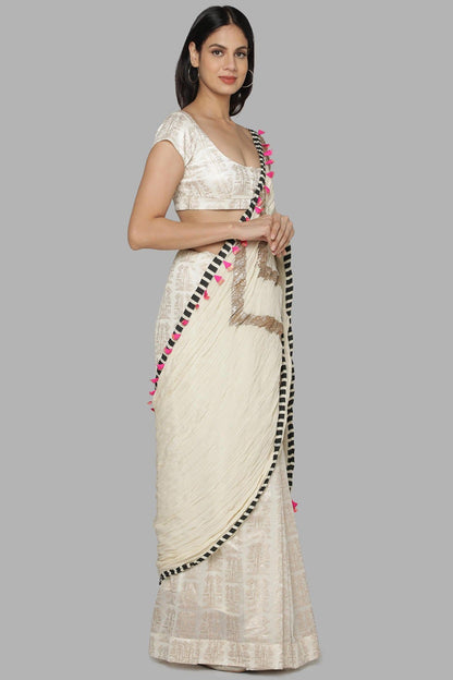 IVORY CRINKLE GOTA PALLA SARI WITH BUNCH OF BIRDS PLEATS AND BLOUSE PIECE