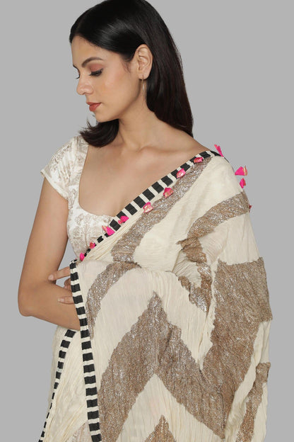 IVORY CRINKLE GOTA PALLA SARI WITH BUNCH OF BIRDS PLEATS AND BLOUSE PIECE