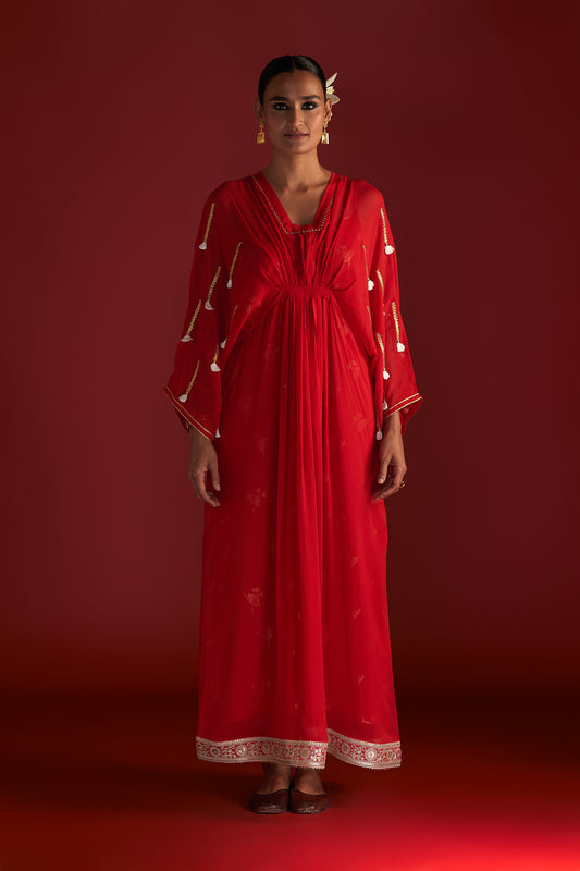 Red Gota Embroidered Kaftan With Slip