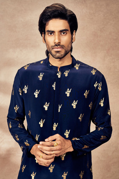 Blue Ganesha Foil Kurta Set