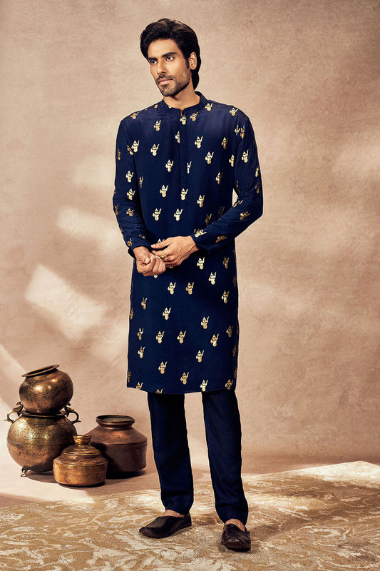 Blue Ganesha Foil Kurta