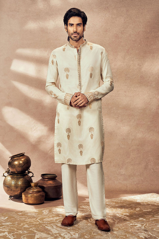 Ivory Traveller's Palm Jacquard Kurta