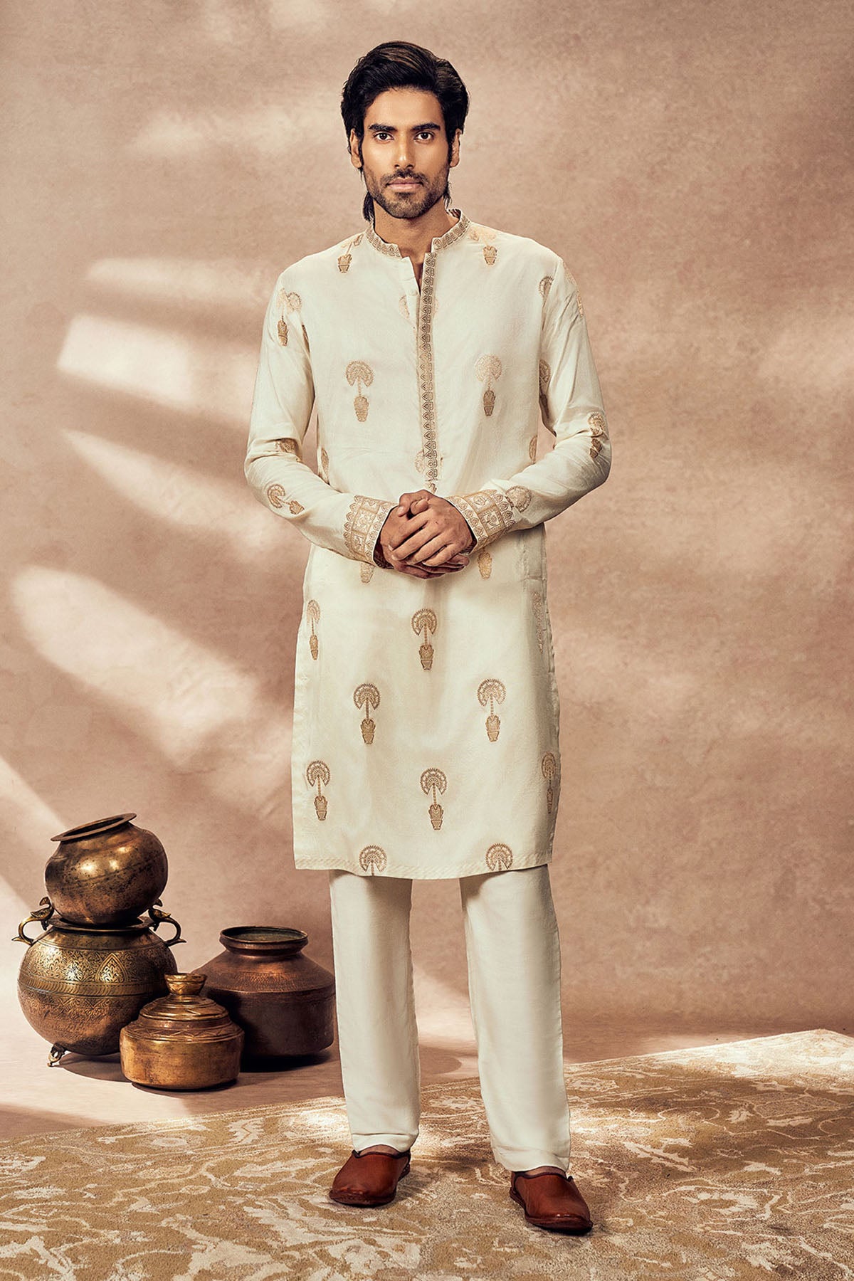 Ivory Traveller's Palm Jacquard Kurta