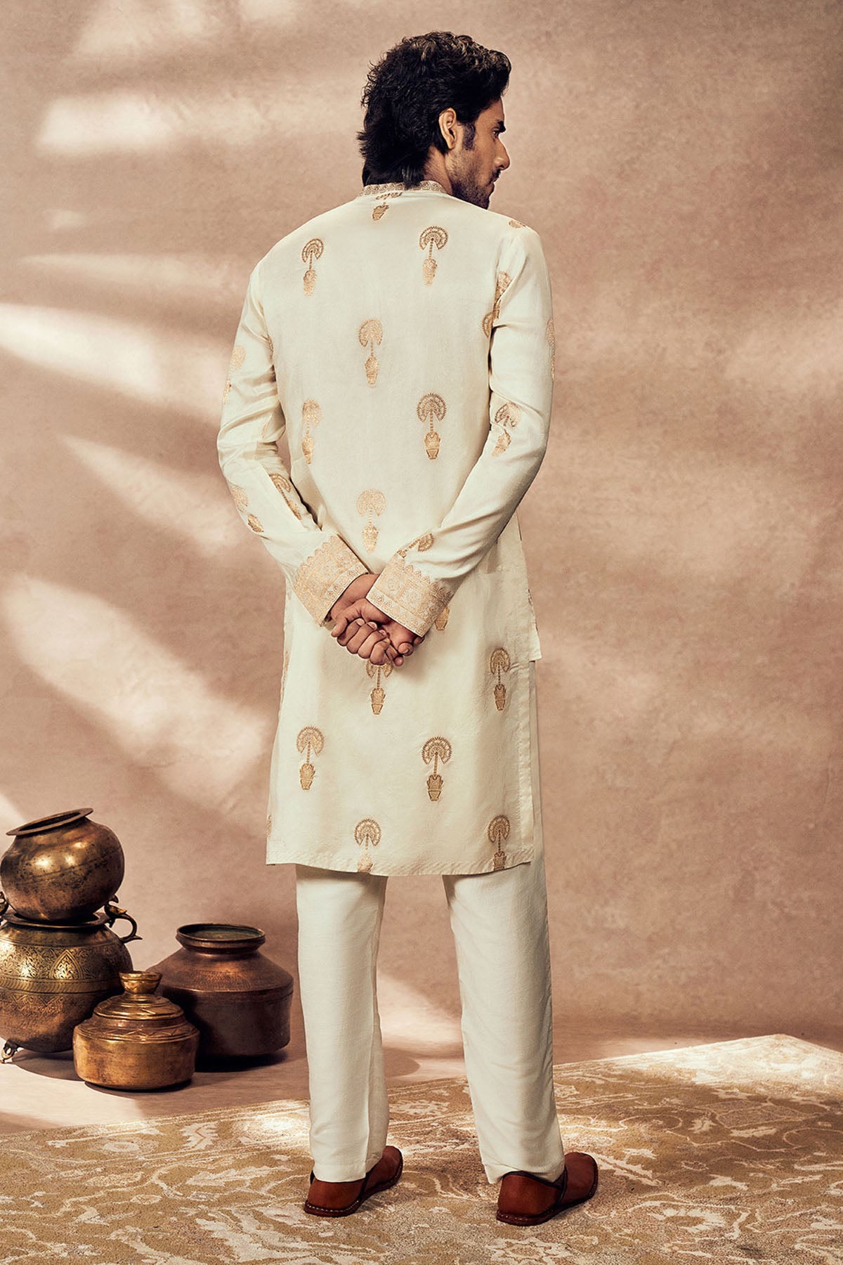 Ivory Traveller's Palm Jacquard Kurta