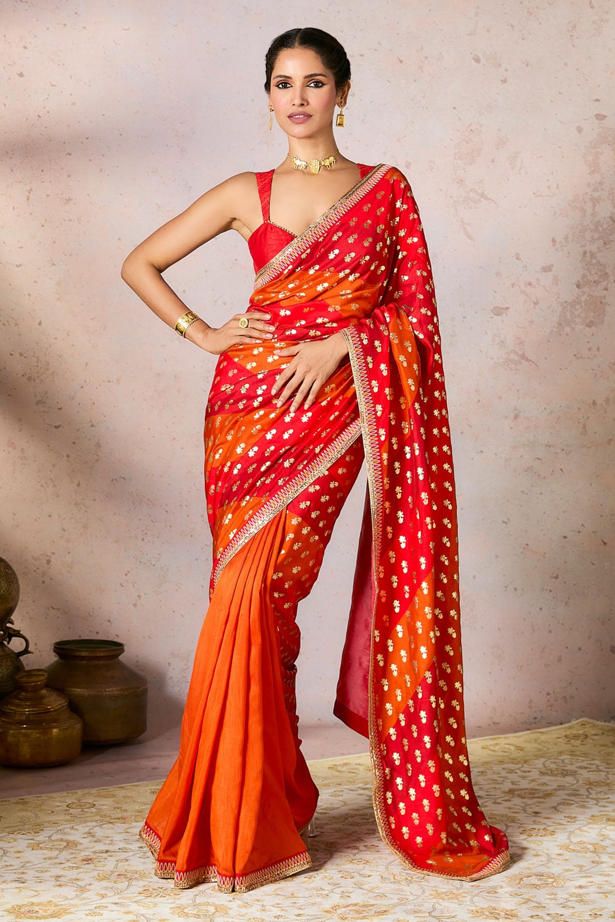 Rust Stripe Foil Saree