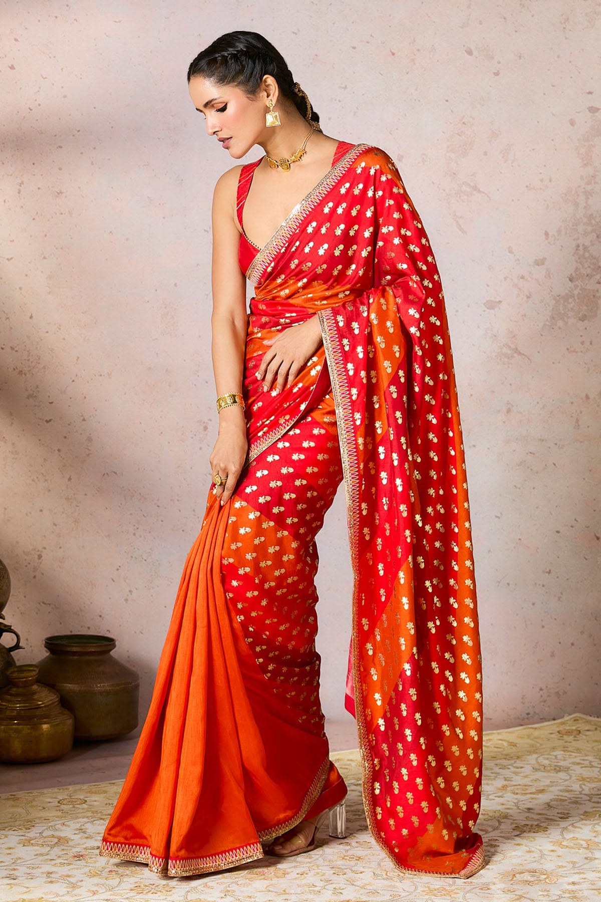 Rust Stripe Foil Saree