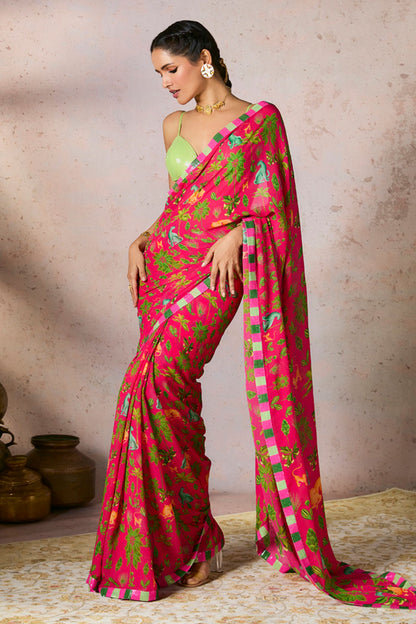 Pink Tropical Rhapsody Saree