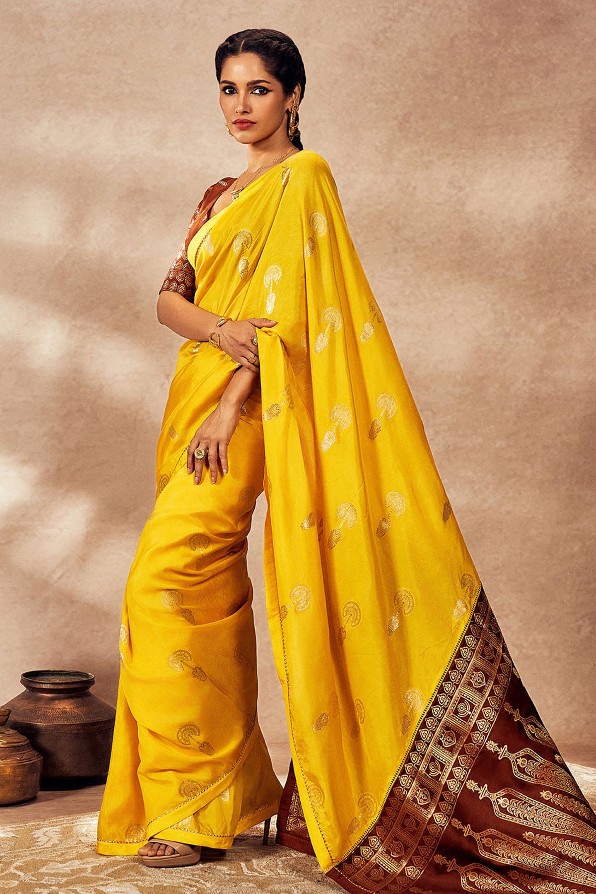 Brown And Yellow Jacquard Saree