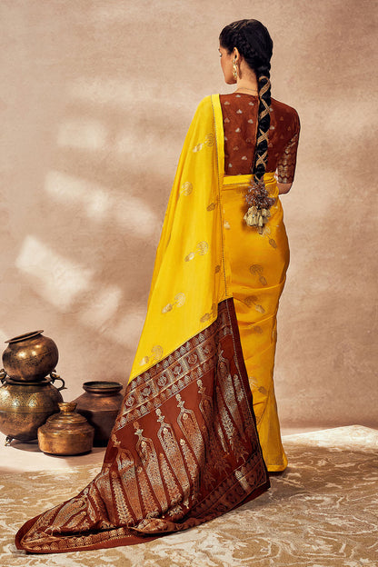 Brown And Yellow Jacquard Saree