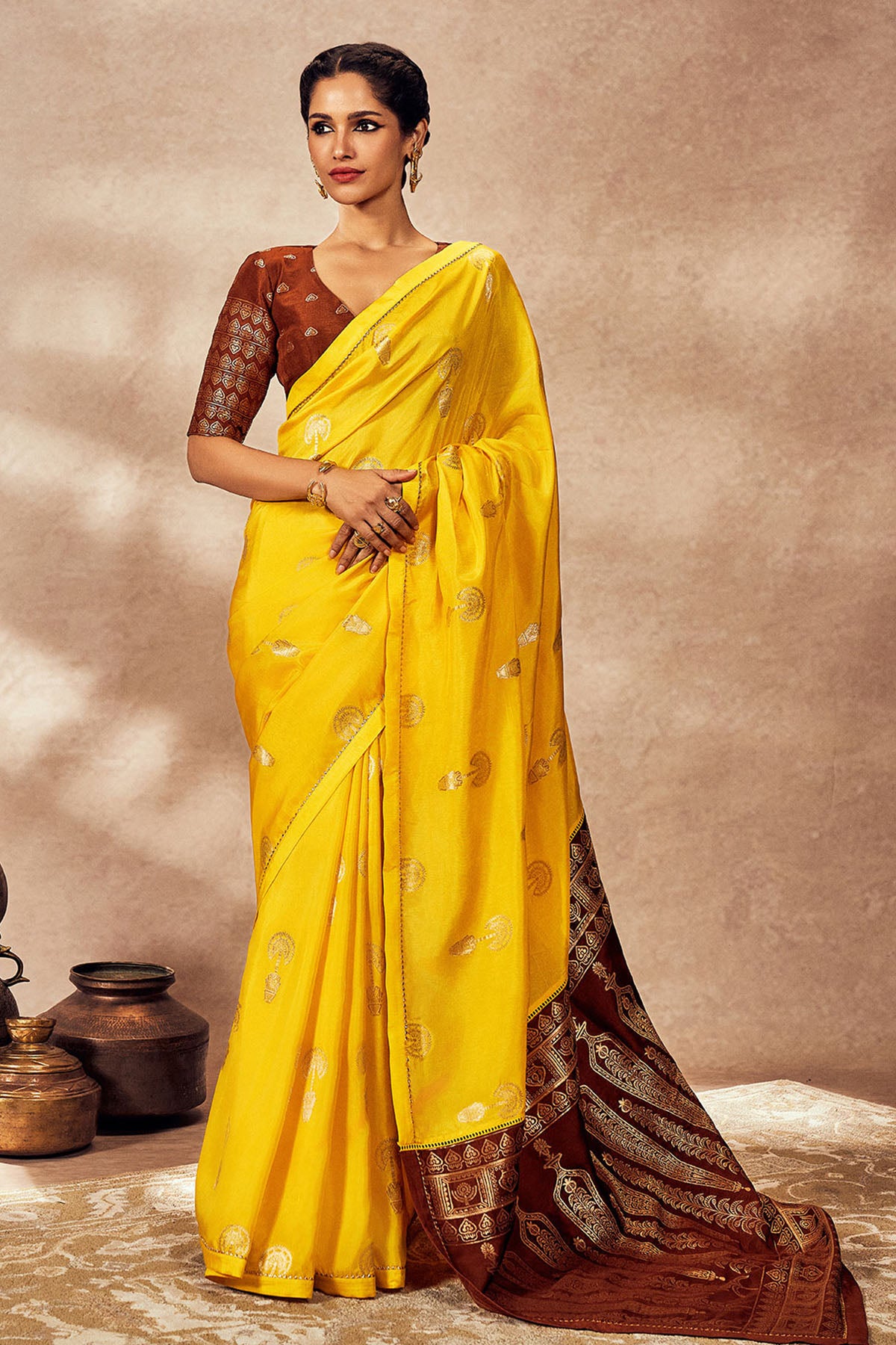 Brown And Yellow Jacquard Saree