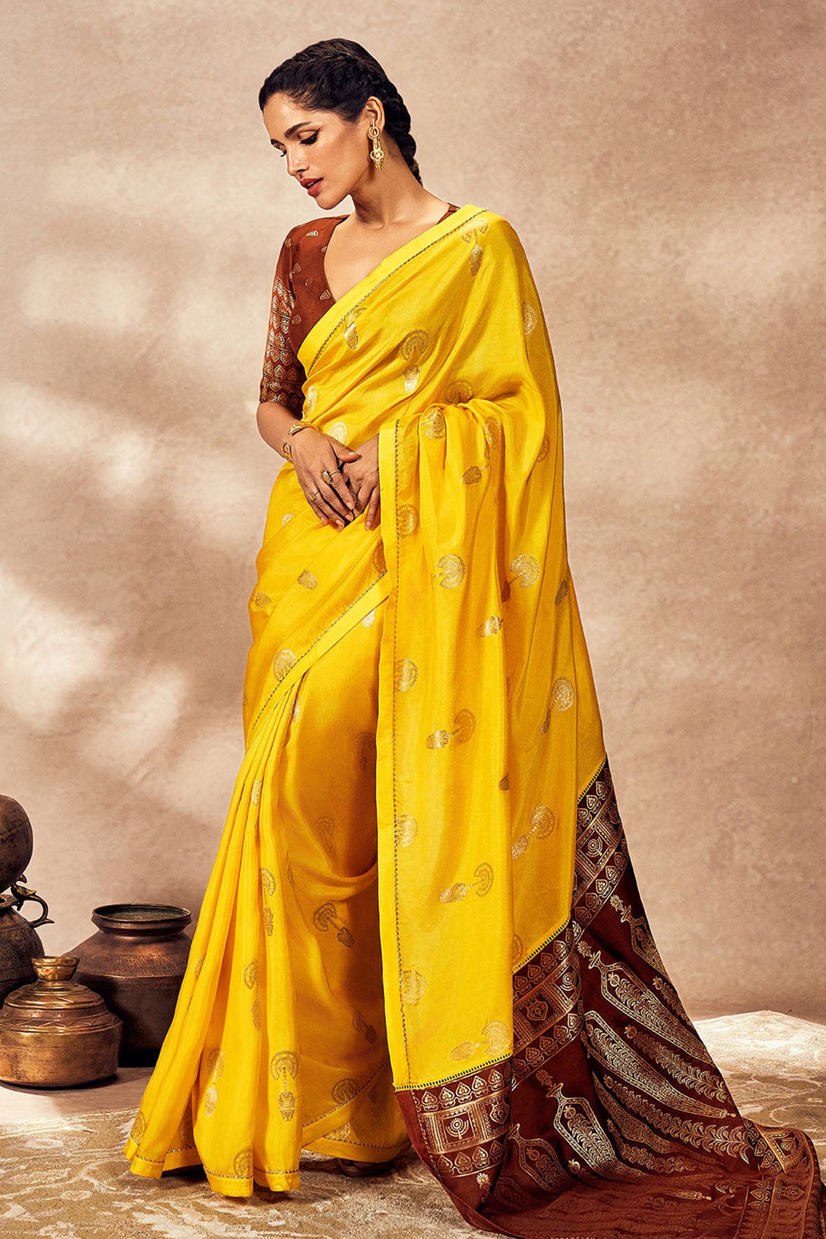 Brown And Yellow Jacquard Saree