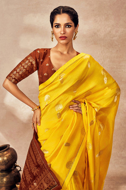 Brown And Yellow Jacquard Saree