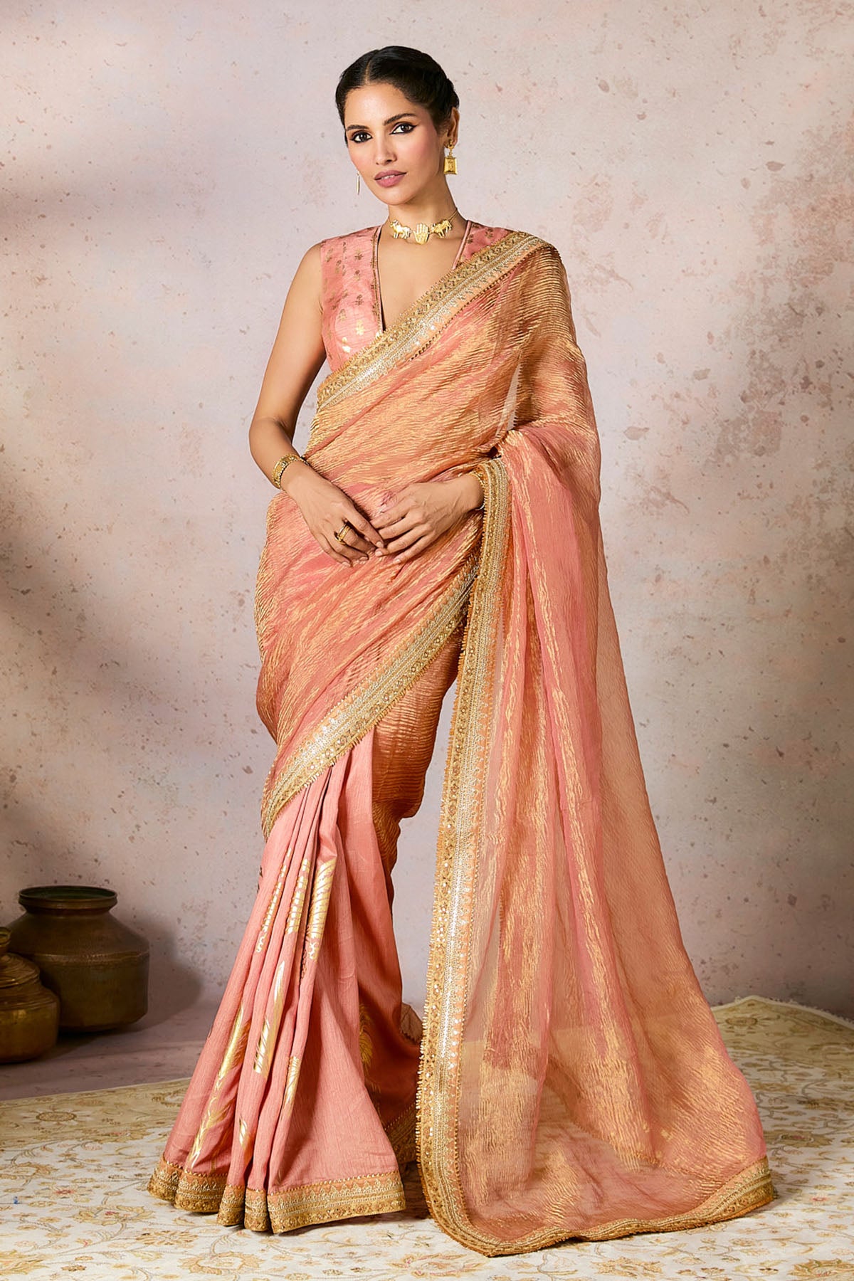 Peach Palm Blooms Tissue Saree