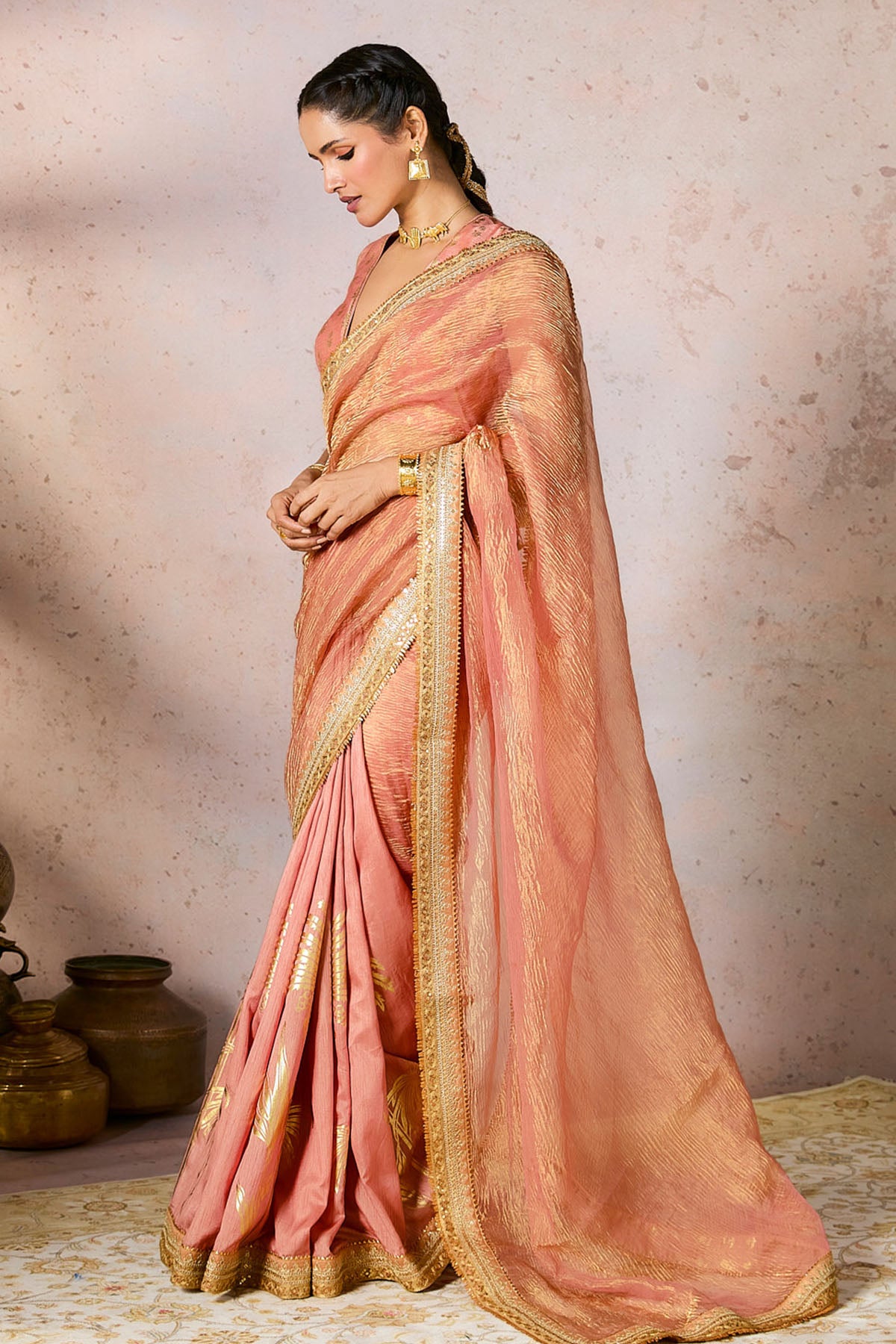 Peach Palm Blooms Tissue Saree