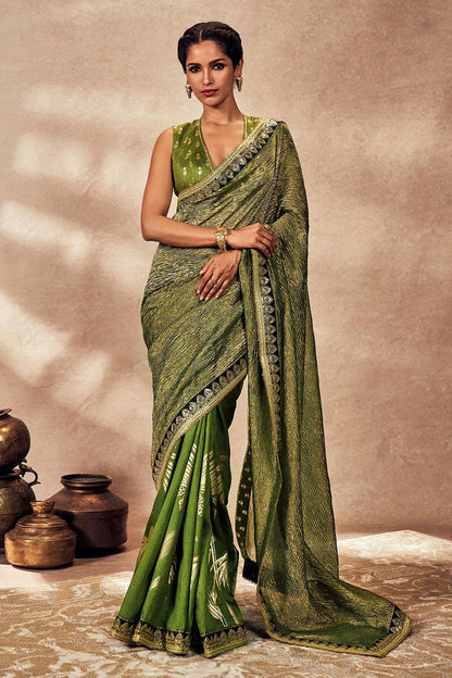 Green Palm Blooms Tissue Saree