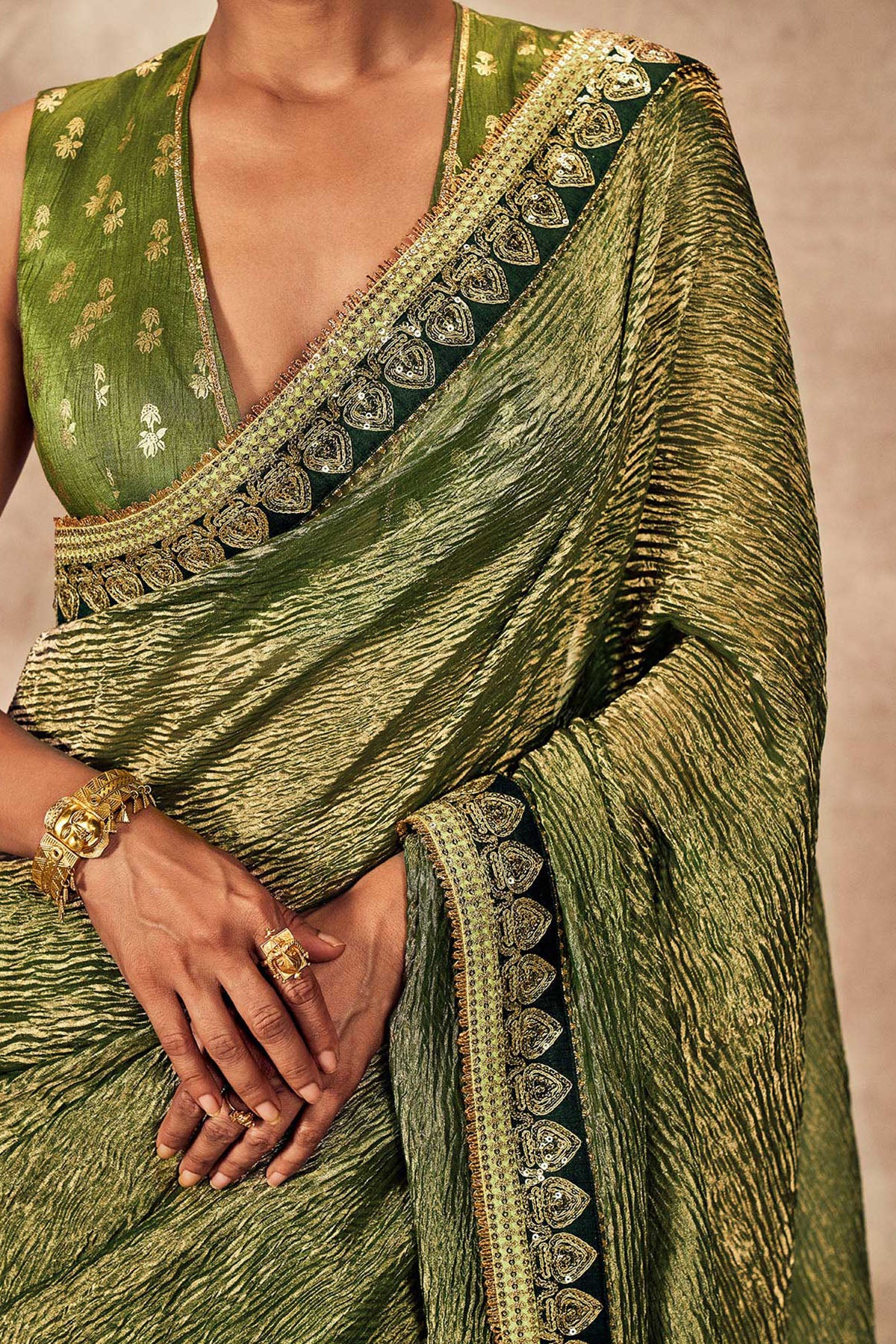 Green Palm Blooms Tissue Saree