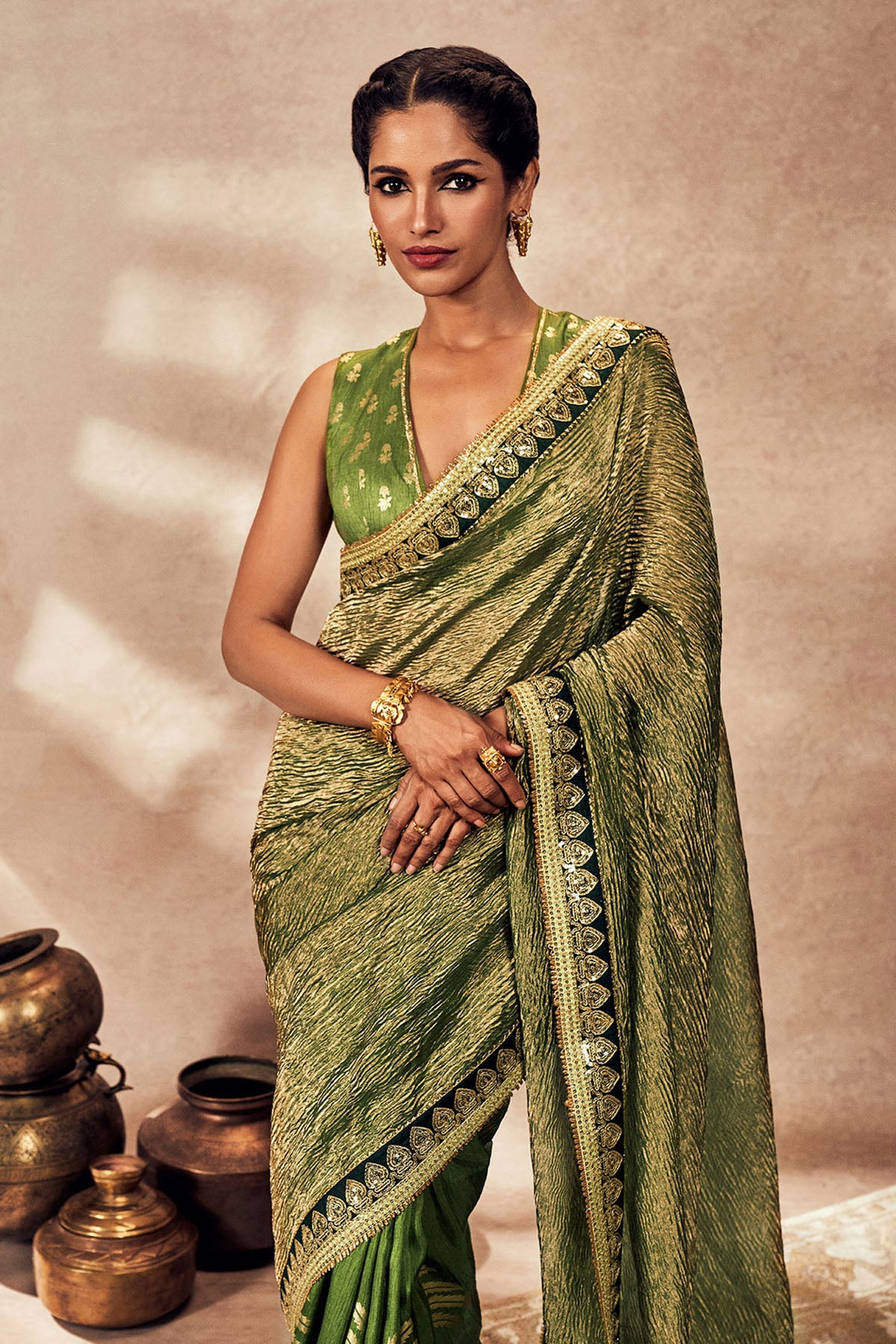 Green Palm Blooms Tissue Saree