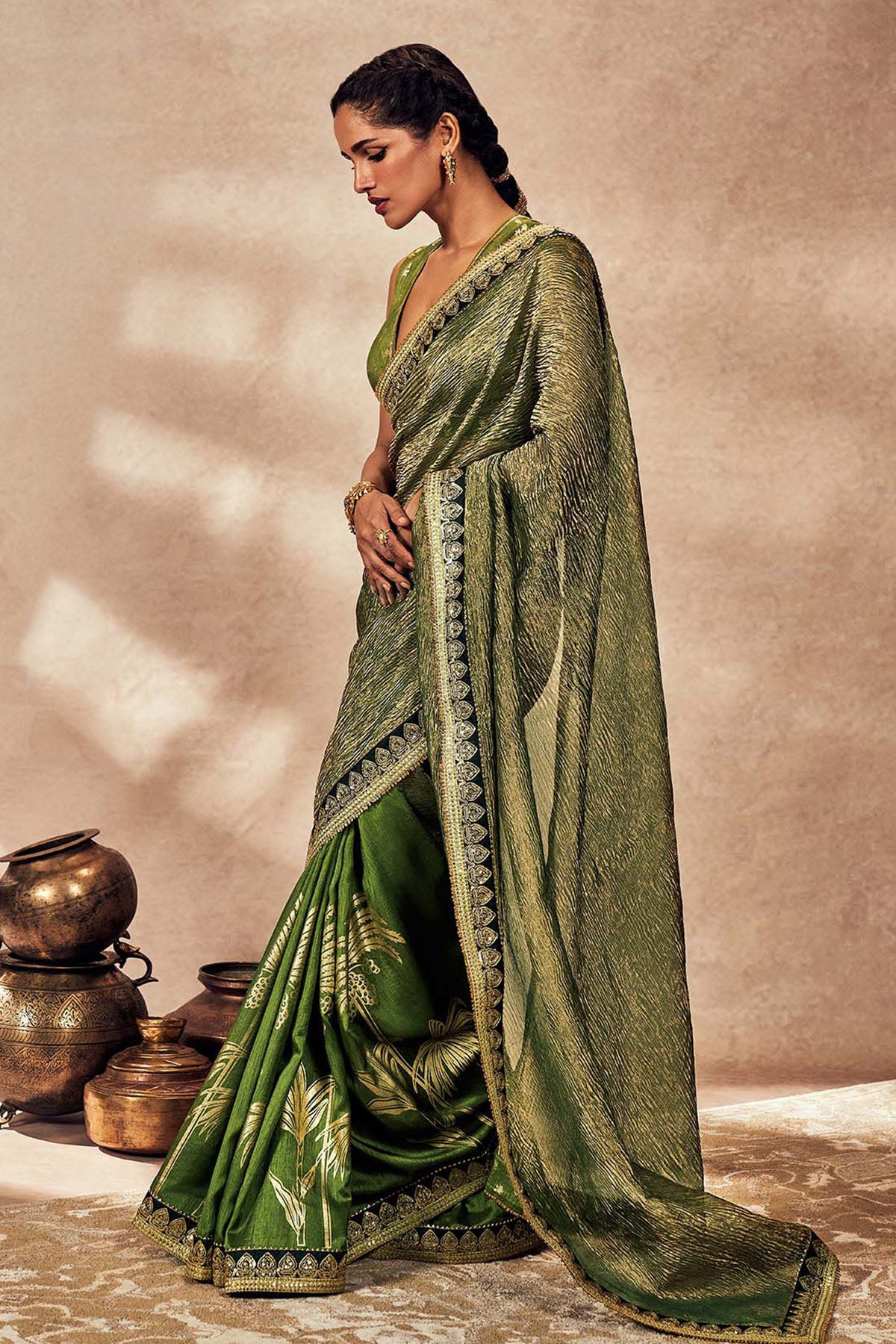 Green Palm Blooms Tissue Saree