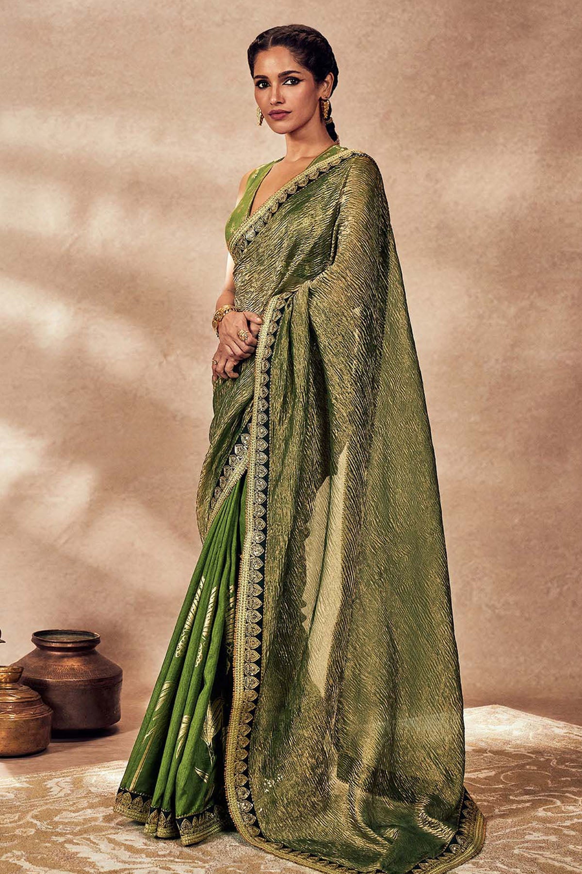 Green Palm Blooms Tissue Saree