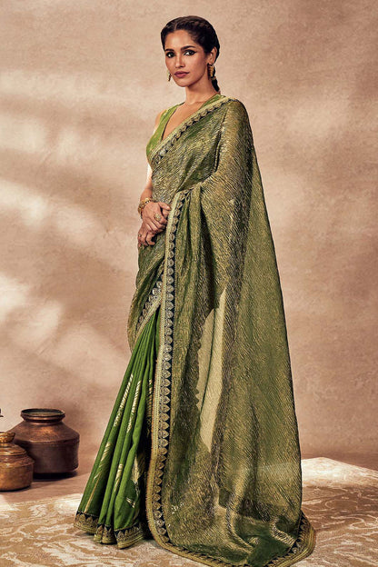 Green Palm Blooms Tissue Saree