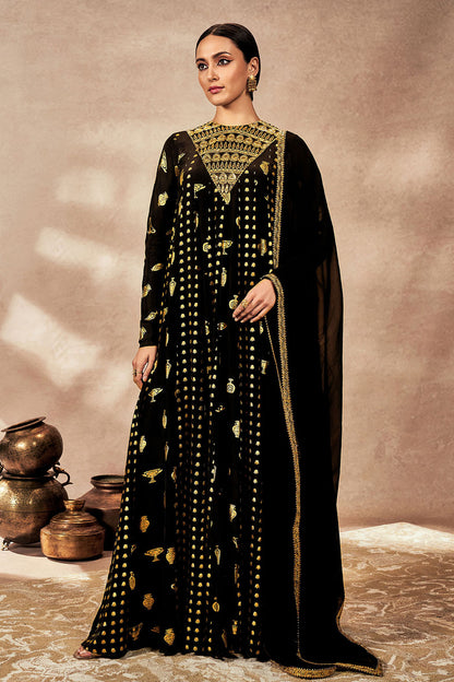 Black Gold Potters Touch Anarkali Set