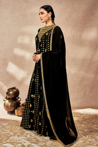 Black Gold Potters Touch Anarkali Set