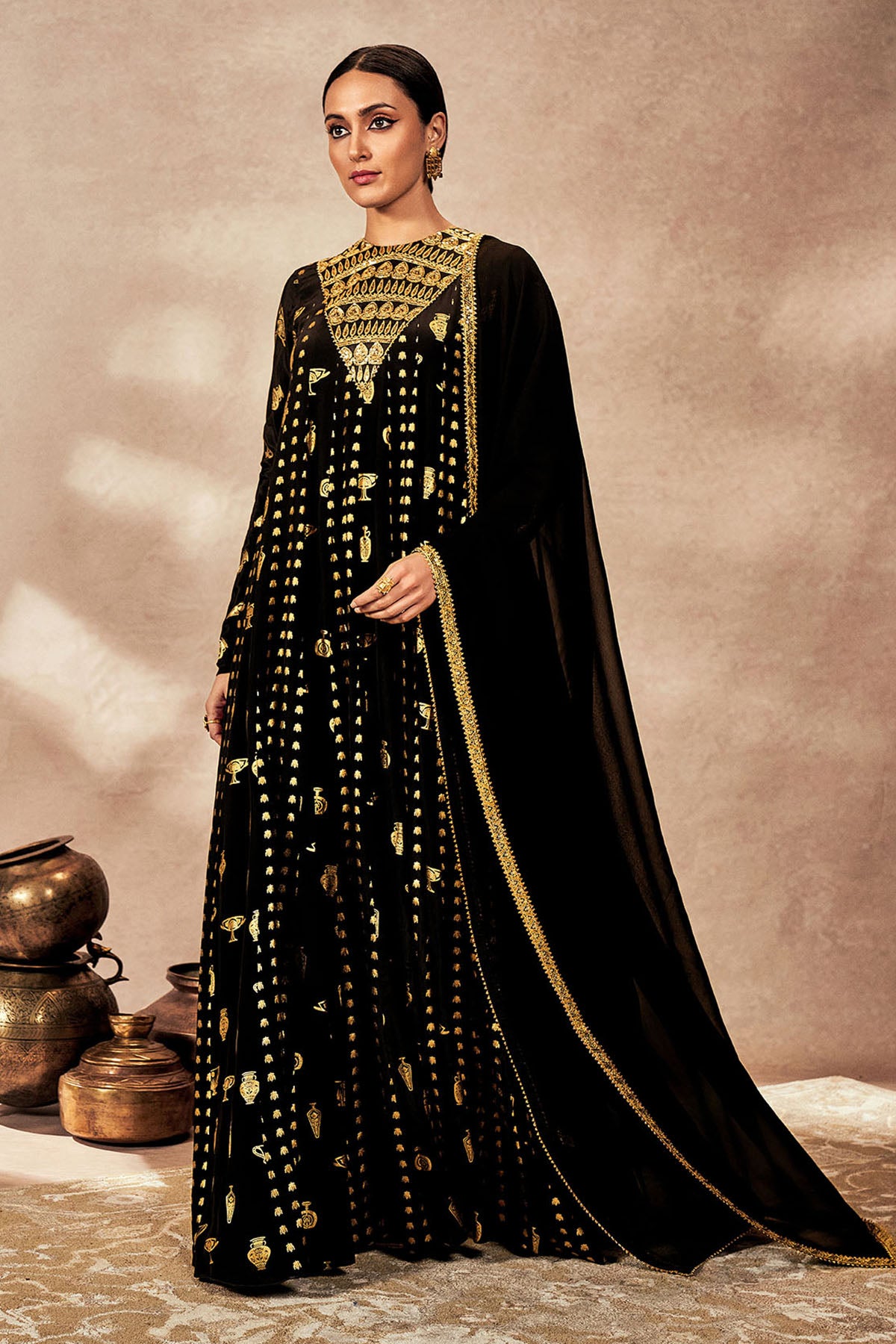 Black Gold Potters Touch Anarkali Set