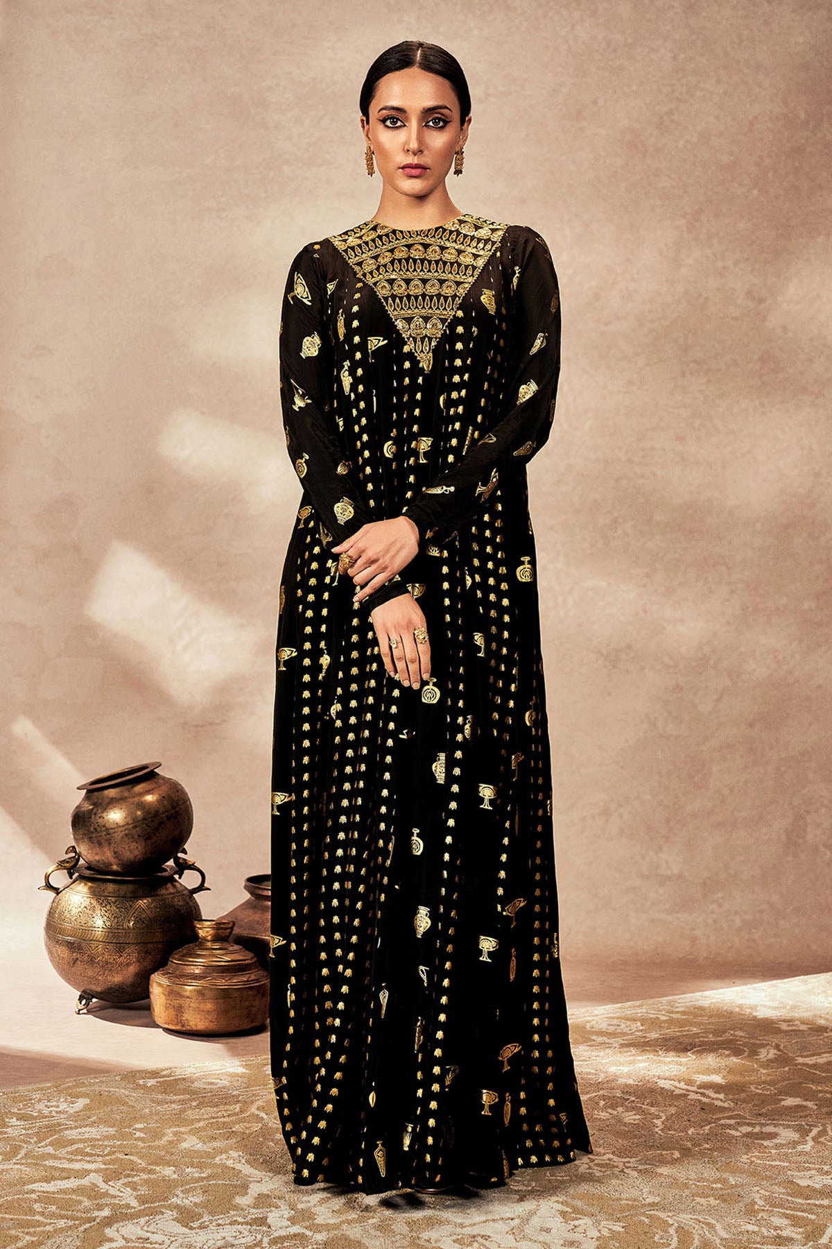 Black Gold Potters Touch Anarkali Set