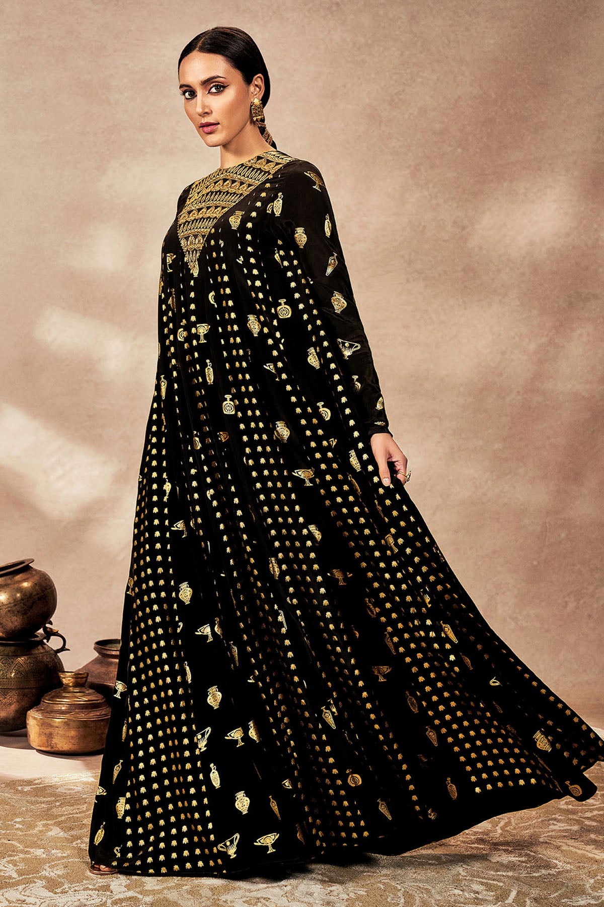 Black Gold Potters Touch Anarkali Set