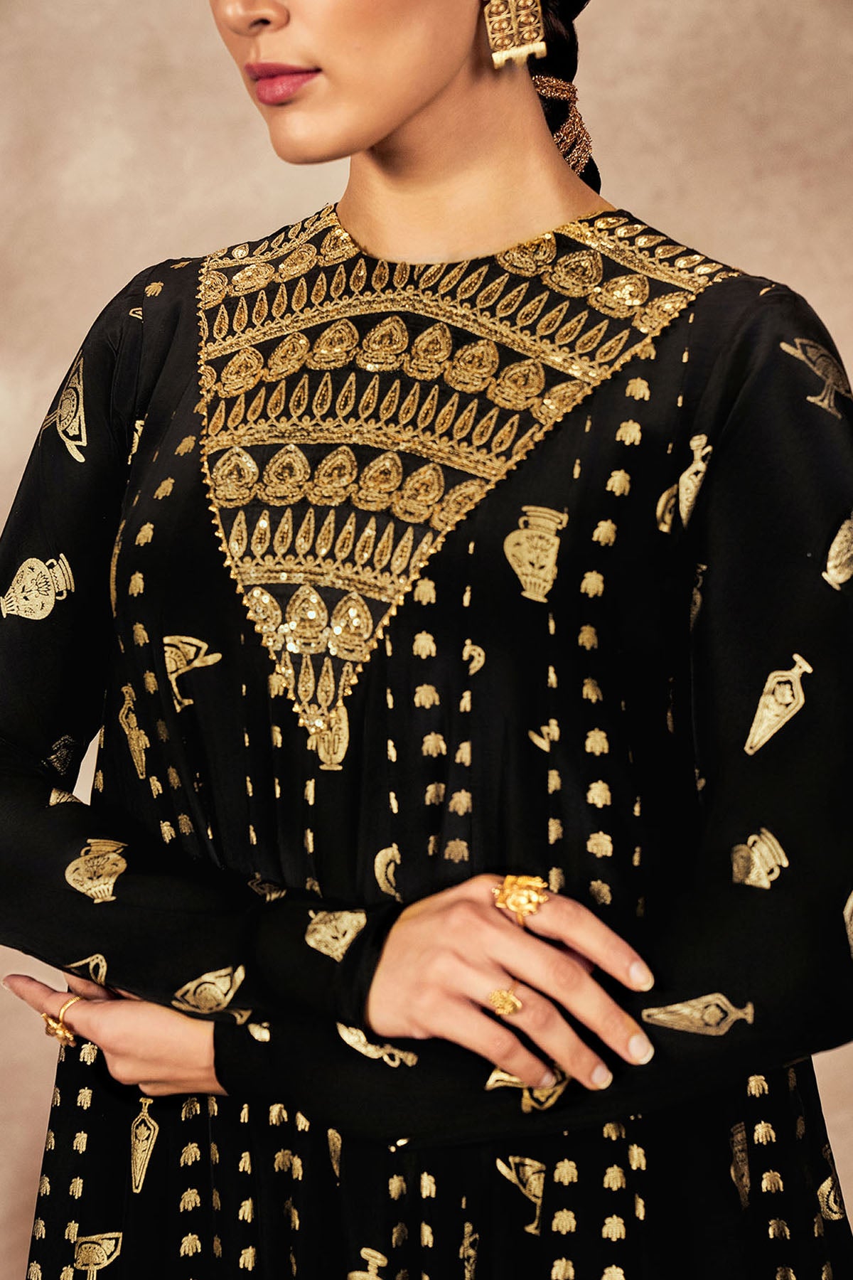 Black Gold Potters Touch Anarkali Set