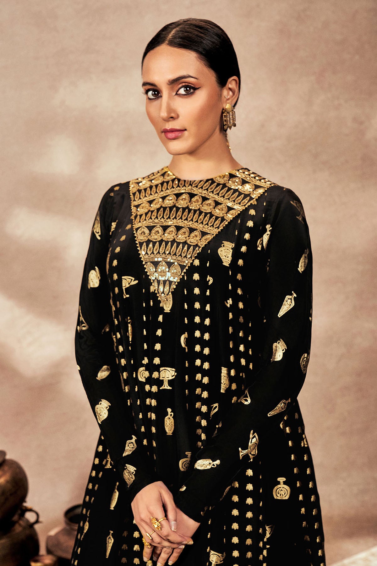 Black Gold Potters Touch Anarkali Set