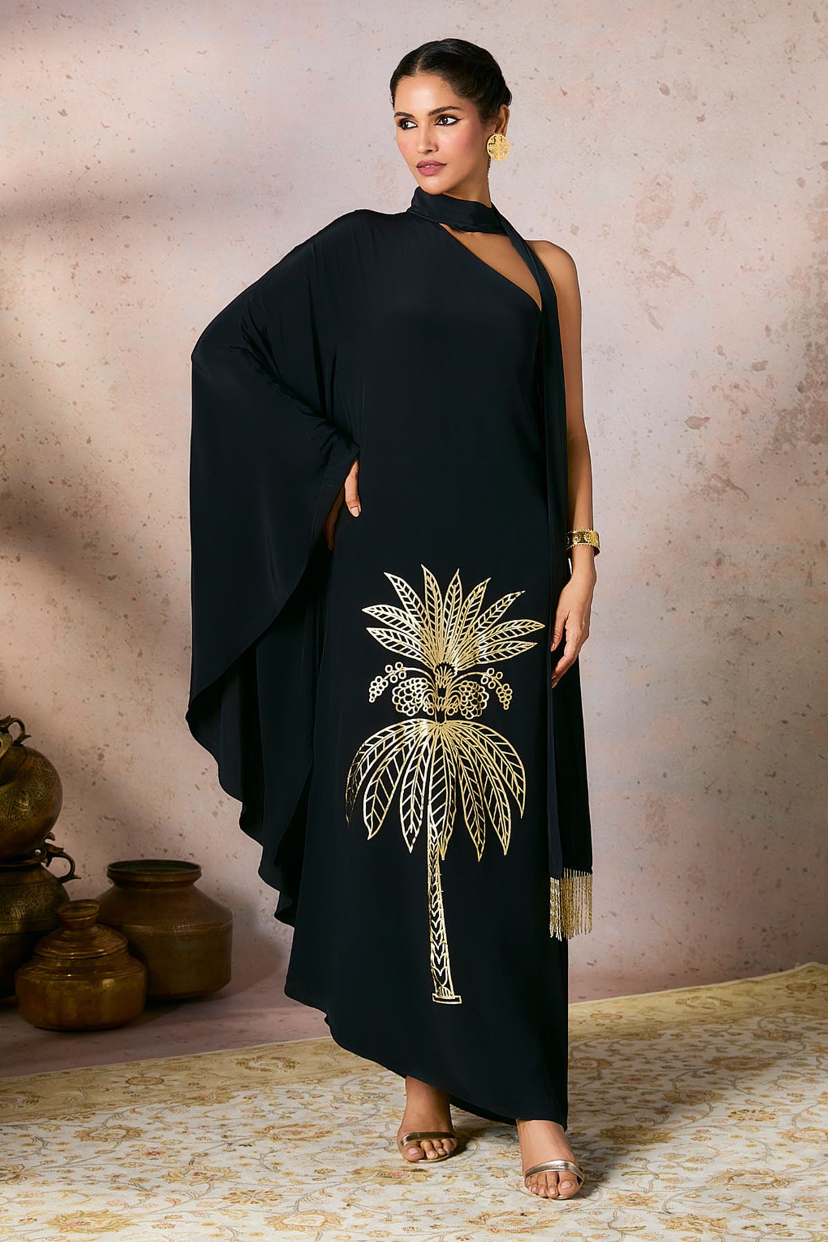 Black Tropical One Shoulder Kaftan